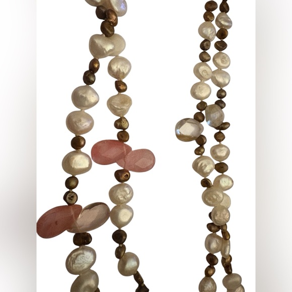 Freshwater Pearl, Rose Quartz and Rutilated Quartz long Hand Knotted Necklace - Picture 6 of 7